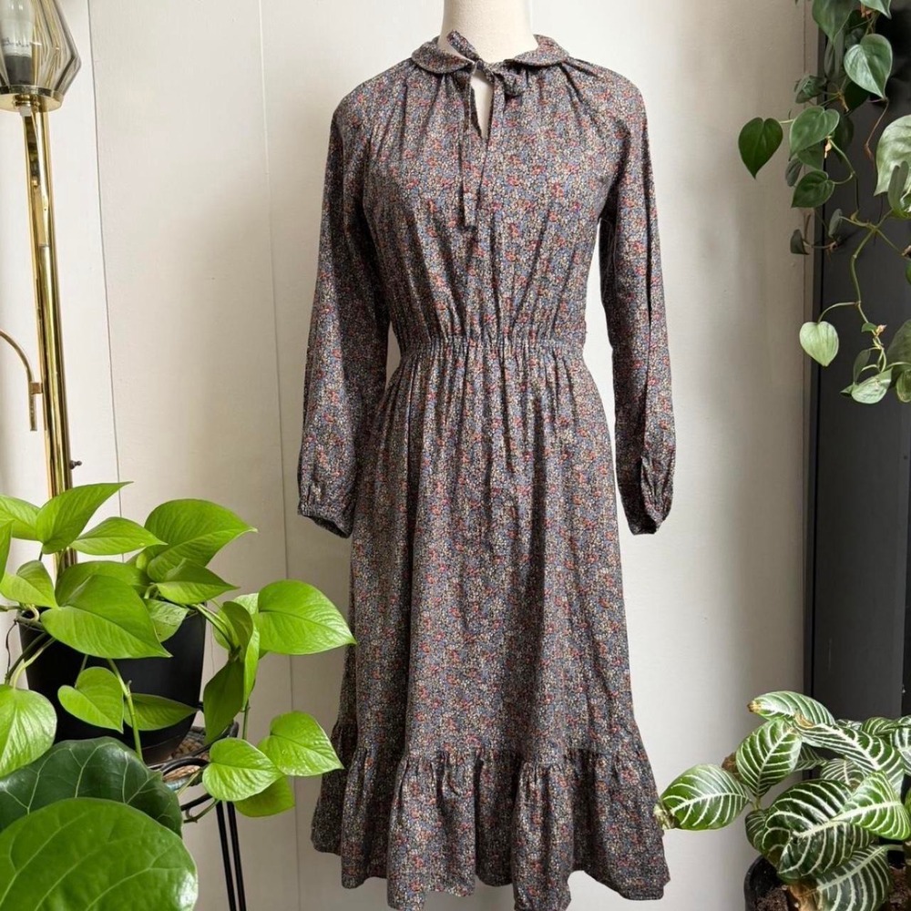 Vintage 80s Handmade Floral Mini Dress XS/S Blue Brown Cotton Prairie Ruffle